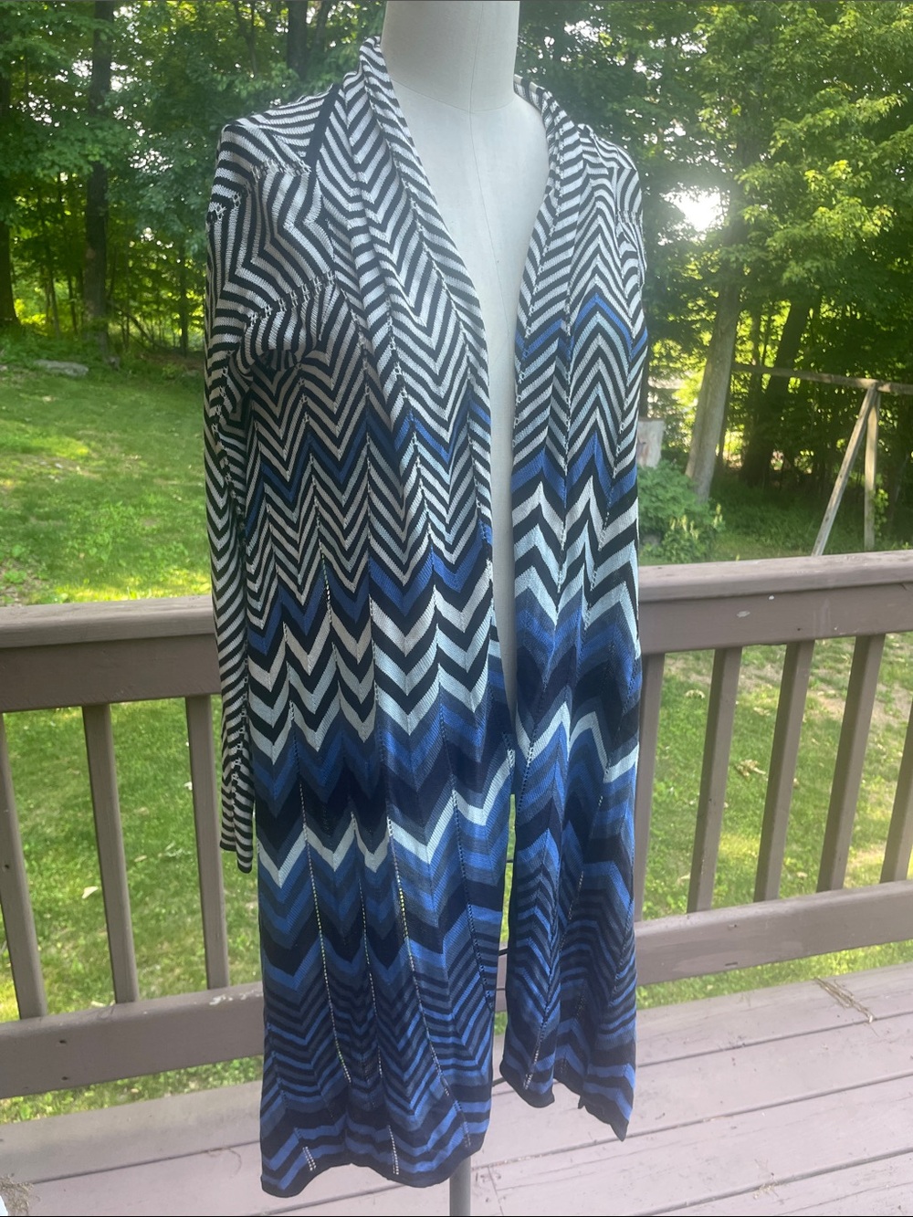 BCBG Chevron Knit Drapey Cardigan - Black, White & Blue